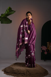 Nandika Wine Muga Cotton Jamdani Pichwai Saree With Unstitched Blouse Piece